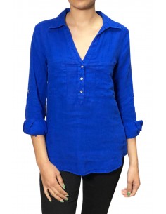 Camisa lino azul escote V